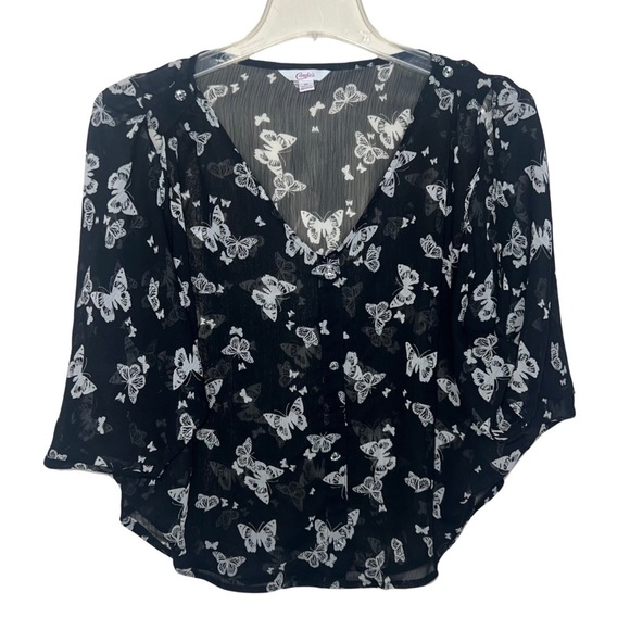 Candie’s Top Semi Sheer Short Sleeved Black Vneck with Butterflies Size Medium - Picture 1 of 10